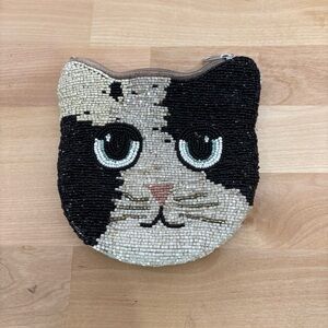 Urban Outfitters Cat Face Beaded Pouch - Black and Cream